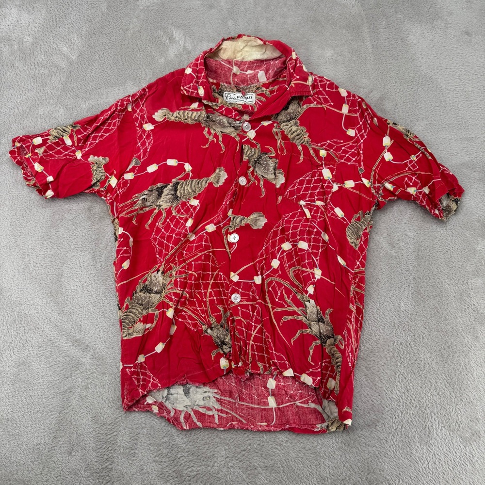 VTG 70s Pua Hawaii Lobster Print Button Up Shirt Mens M Red Flaws Beach‎ Retro